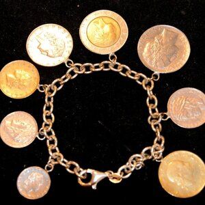 MILOR 925 Sterling Silver Italian Lire Coin Charm Bracelet Gold & Silver Tone 8"